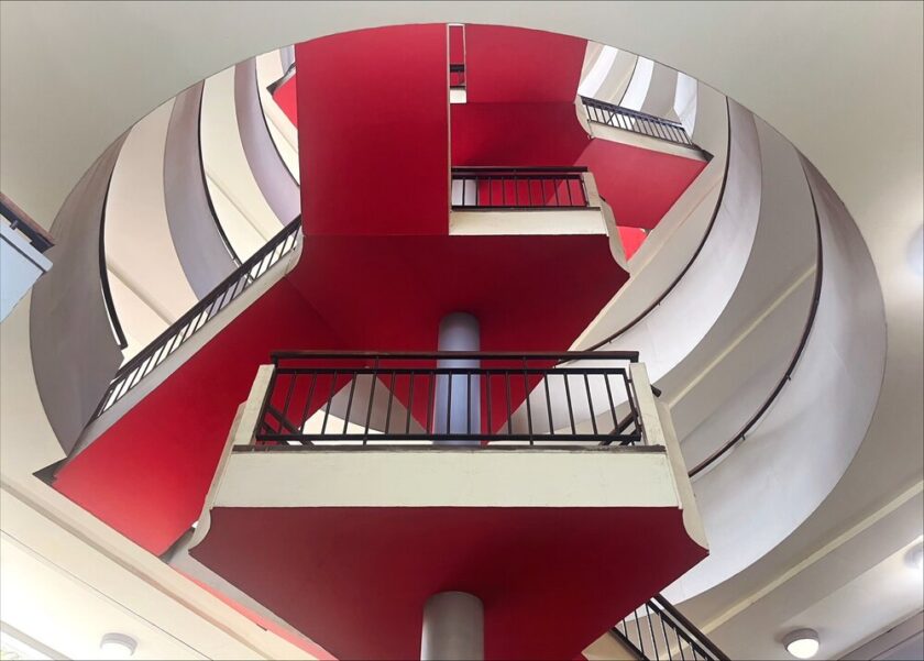 Red staircase in Bevin Court, London