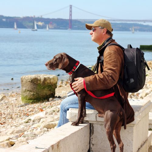A man and his dog by the sea, in the distance is the 25 de Abril Bridge which looks remarkably like the Golden Gate Bridge.